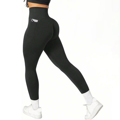 L Size Black Breathable High-Waist Ruched Butt-Lift Yoga Leggings - Dual Pockets & No Front T - LineNaked-Feel Performance Tights for Gym, Running & Pilates