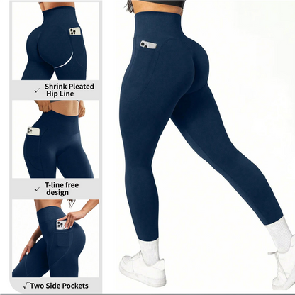 L Size Pink Breathable High-Waist Ruched Butt-Lift Yoga Leggings - Dual Pockets & No Front T - LineNaked-Feel Performance Tights for Gym, Running & Pilates