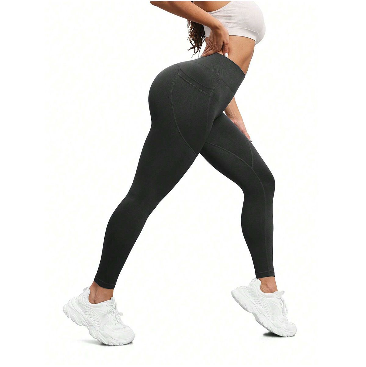 L Size Pink Breathable High-Waist Ruched Butt-Lift Yoga Leggings - Dual Pockets & No Front T - LineNaked-Feel Performance Tights for Gym, Running & Pilates
