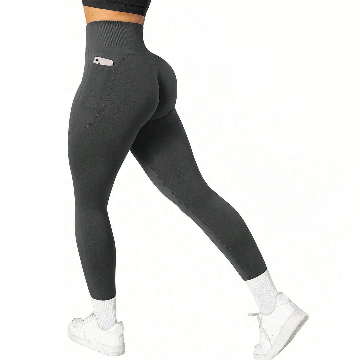 L Size Dark Grey Breathable High-Waist Ruched Butt-Lift Yoga Leggings - Dual Pockets & No Front T - LineNaked-Feel Performance Tights for Gym, Running & Pilates