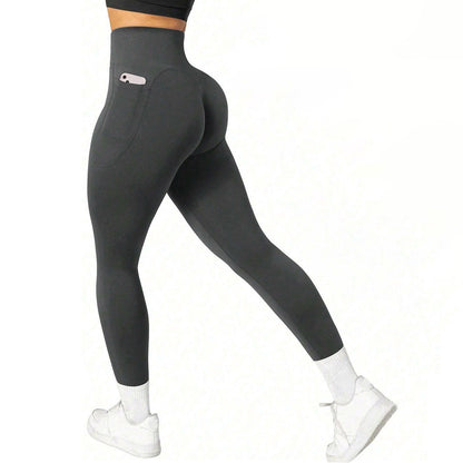 L Size Dark Grey Breathable High-Waist Ruched Butt-Lift Yoga Leggings - Dual Pockets & No Front T - LineNaked-Feel Performance Tights for Gym, Running & Pilates