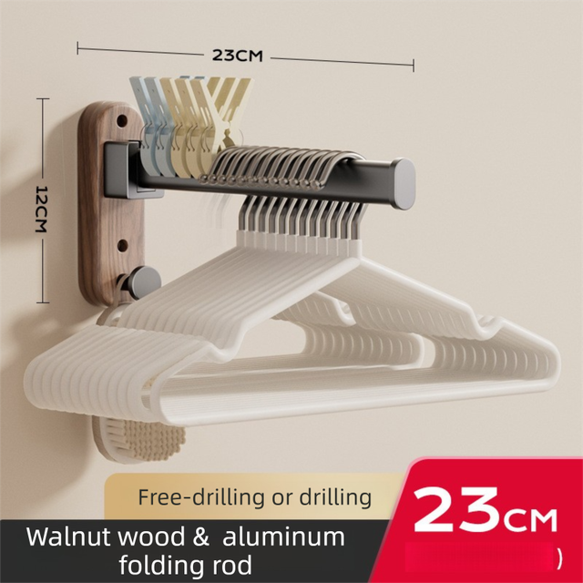 23CM Moisture Aluminum Folding Towel Rack Integrated Bottom Hook - 90Â° Folding Black Walnut Grain Wall-Mounted Drying Rod and Organize