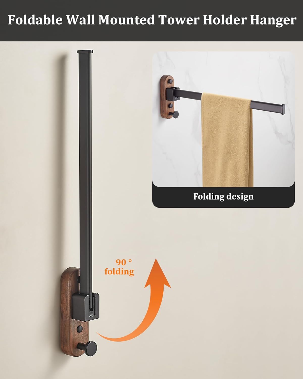 23CM Moisture Aluminum Folding Towel Rack Integrated Bottom Hook - 90Â° Folding Black Walnut Grain Wall-Mounted Drying Rod and Organize