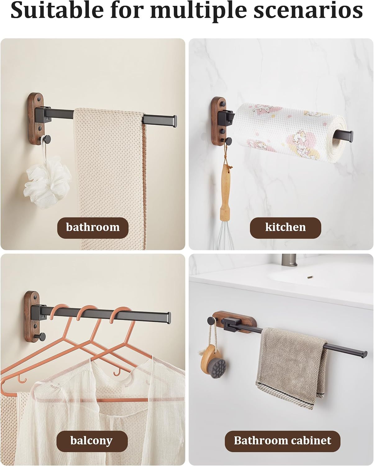 23CM Moisture Aluminum Folding Towel Rack Integrated Bottom Hook - 90Â° Folding Black Walnut Grain Wall-Mounted Drying Rod and Organize