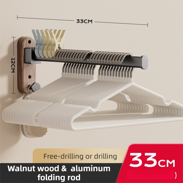 33CM Moisture Aluminum Folding Towel Rack Integrated Bottom Hook - 90Â° Folding Black Walnut Grain Wall-Mounted Drying Rod and Organize