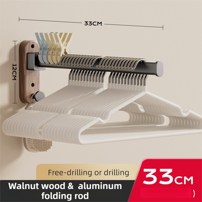 33CM Moisture Aluminum Folding Towel Rack Integrated Bottom Hook - 90Â° Folding Black Walnut Grain Wall-Mounted Drying Rod and Organize