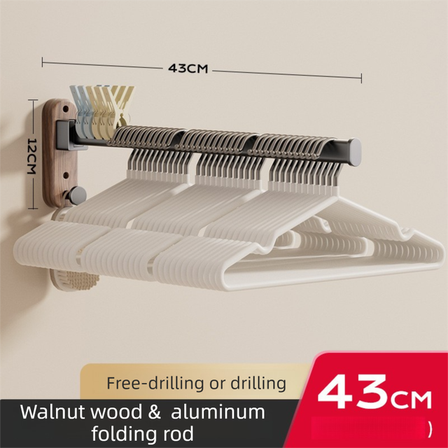 43CM Moisture Aluminum Folding Towel Rack Integrated Bottom Hook - 90Â° Folding Black Walnut Grain Wall-Mounted Drying Rod and Organize