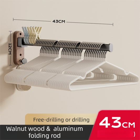 43CM Moisture Aluminum Folding Towel Rack Integrated Bottom Hook - 90Â° Folding Black Walnut Grain Wall-Mounted Drying Rod and Organize