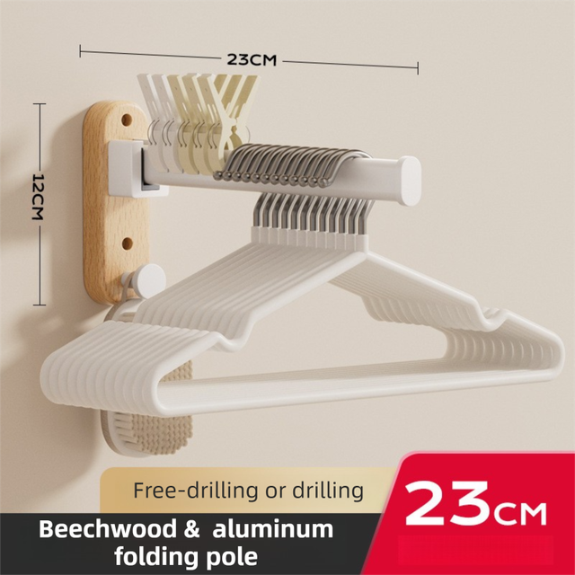23CM Moisture Aluminum Folding Towel Rack Integrated Bottom Hook - 90Â° Folding White Beechwood Grain Wall-Mounted Drying Rod and Organize