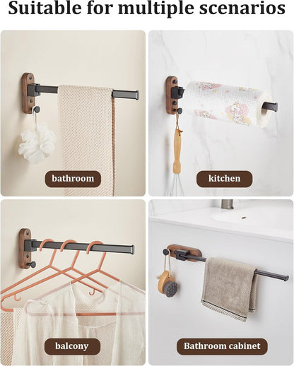 23CM Moisture Aluminum Folding Towel Rack Integrated Bottom Hook - 90Â° Folding White Beechwood Grain Wall-Mounted Drying Rod and Organize
