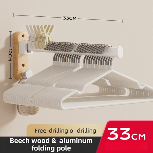 33CM Moisture Aluminum Folding Towel Rack Integrated Bottom Hook - 90Â° Folding White Beechwood Grain Wall-Mounted Drying Rod and Organize