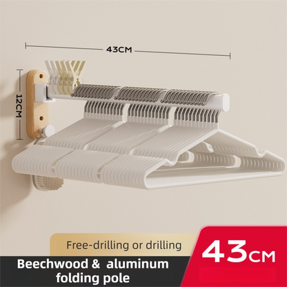 43CM Moisture Aluminum Folding Towel Rack Integrated Bottom Hook - 90Â° Folding White Beechwood Grain Wall-Mounted Drying Rod and Organize
