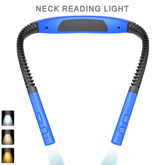 Blue LED Rechargeable Ergonomic Neck Reading & Running Light - Timer, 3 Color & 5 Brightness - Eye-Caring Hands-Free Flexible Book Light