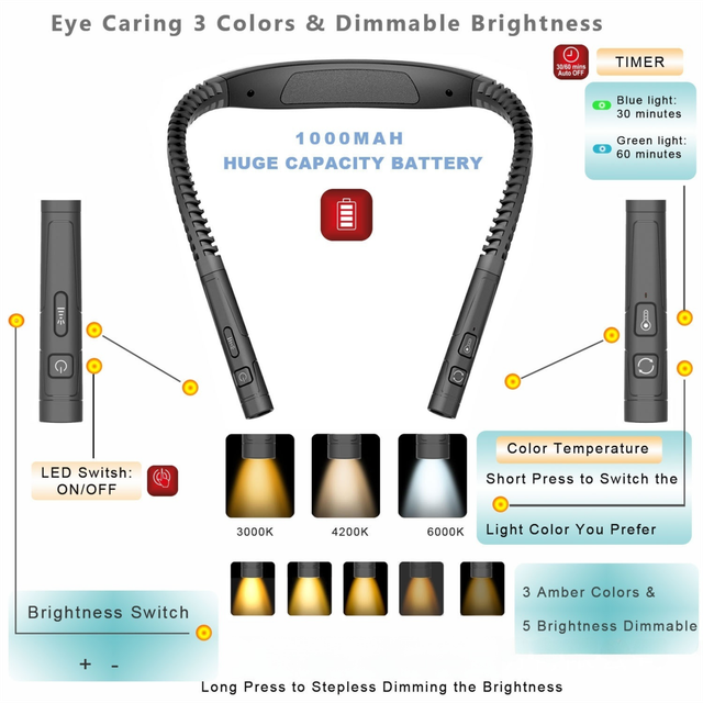Blue LED Rechargeable Ergonomic Neck Reading & Running Light - Timer, 3 Color & 5 Brightness - Eye-Caring Hands-Free Flexible Book Light