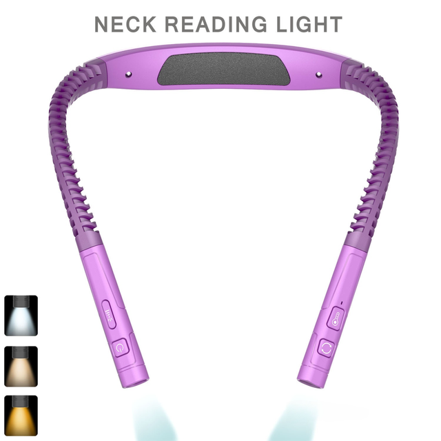 Purple LED Rechargeable Ergonomic Neck Reading & Running Light - Timer, 3 Color & 5 Brightness - Eye-Caring Hands-Free Flexible Book Light