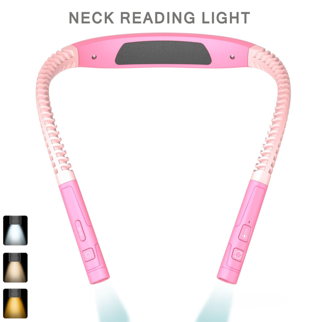 Pink LED Rechargeable Ergonomic Neck Reading & Running Light - Timer, 3 Color & 5 Brightness - Eye-Caring Hands-Free Flexible Book Light