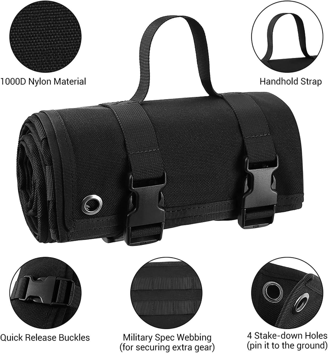 200x75CM Black Outdoor Tactical Roll-Up Shooting Mat - MOLLE Webbing & Stake Down Eyelets - Portable Waterproof Ground Pad for Field Training, Camping & Picnic
