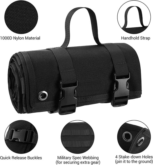 200x75CM Black Outdoor Tactical Roll-Up Shooting Mat - MOLLE Webbing & Stake Down Eyelets - Portable Waterproof Ground Pad for Field Training, Camping & Picnic