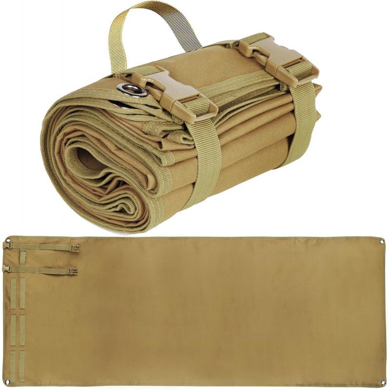 200x75CM Khaki Outdoor Tactical Roll-Up Shooting Mat - MOLLE Webbing & Stake Down Eyelets - Portable Waterproof Ground Pad for Field Training, Camping & Picnic