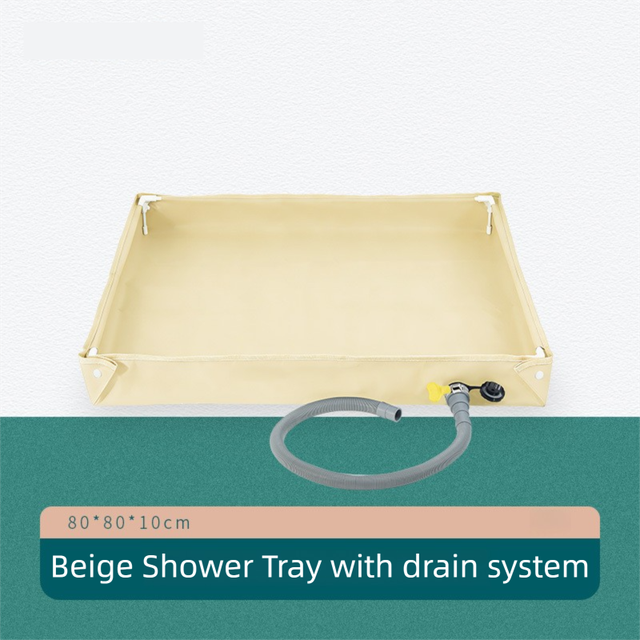 80x80x10CM Beige Portable Outdoor Shower Tray & Versatile Collapsible Water Basin - Reinforced Support and Drainage System- Leak-proof Oxford Large Base for Camping, Beach & Garden