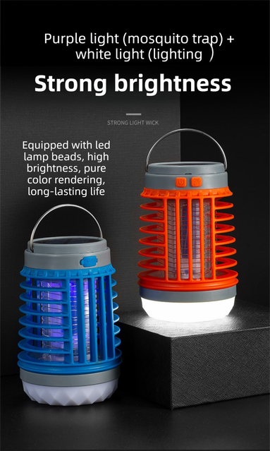 Orange 2-in-1 Cordless Flashlight & Zapper Lantern - Solar / USB Charging, 360Â° High Voltage Grid and Hanging Hook - Waterproof Mosquito Killer & 4-Mode Camping Light for Outdoor, Home & Patio