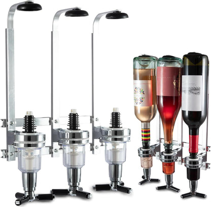 Professional Wall-Mounted Alcohol Tot Dispenser (3 Head) - Heavy Duty Adjustable Metal Wine Rack Decor with Spring-Loaded Bottle Holder