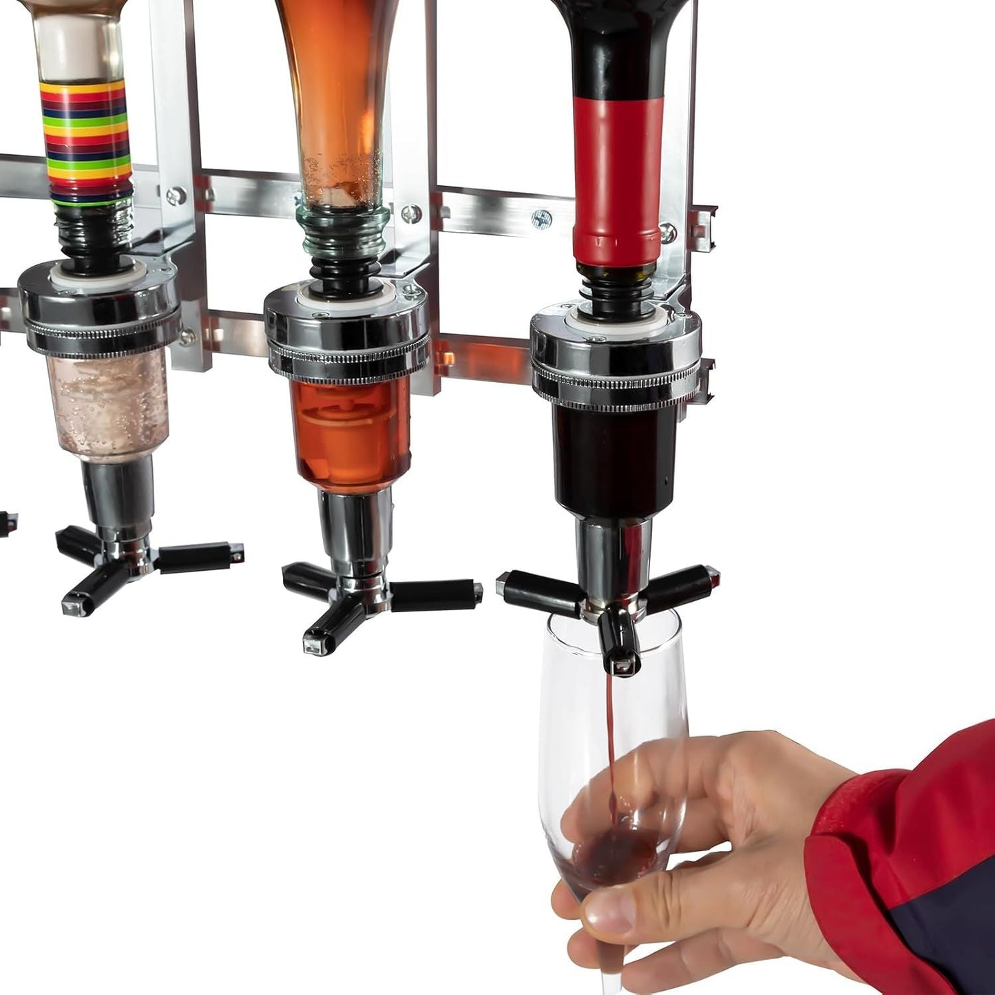 Professional Wall-Mounted Alcohol Tot Dispenser (3 Head) - Heavy Duty Adjustable Metal Wine Rack Decor with Spring-Loaded Bottle Holder