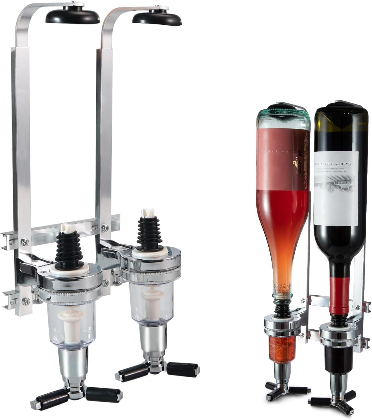 Professional Wall-Mounted Alcohol Tot Dispenser (2 Head) - Heavy Duty Adjustable Metal Wine Rack Decor with Spring-Loaded Bottle Holder