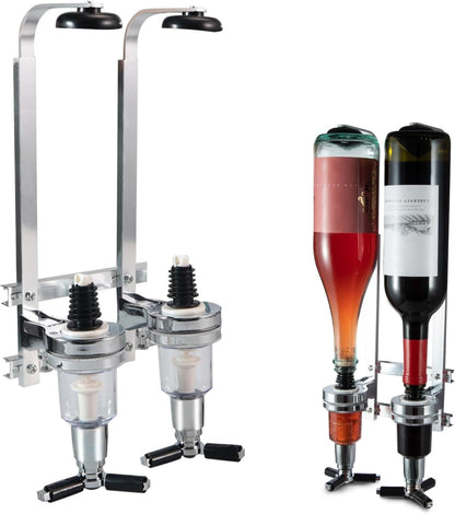 Professional Wall-Mounted Alcohol Tot Dispenser (2 Head) - Heavy Duty Adjustable Metal Wine Rack Decor with Spring-Loaded Bottle Holder