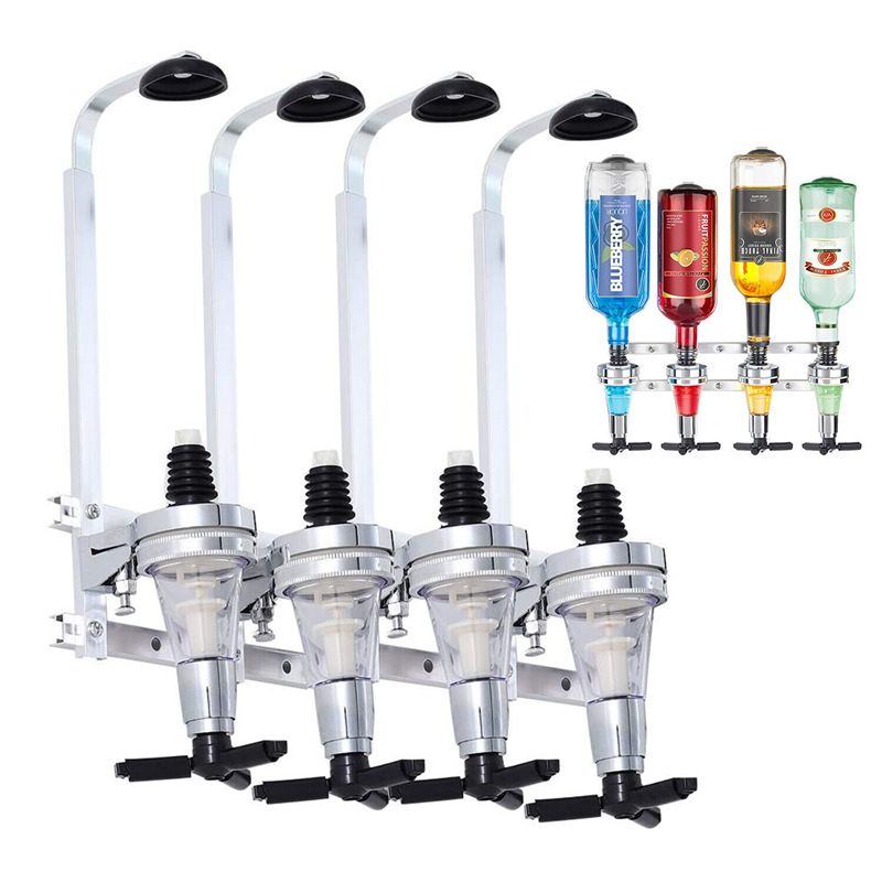 Professional Wall-Mounted Alcohol Tot Dispenser (4 Head) - Heavy Duty Adjustable Metal Wine Rack Decor with Spring-Loaded Bottle Holder