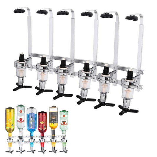 Professional Wall-Mounted Alcohol Tot Dispenser (6 Head) - Heavy Duty Adjustable Metal Wine Rack Decor with Spring-Loaded Bottle Holder