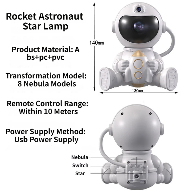 USB Powered Astronaut Nebula Projector & Starry Night Ambient Light with Star Accents - 8 Nebula Effects, 360Â° Rotating Head & Remote Control