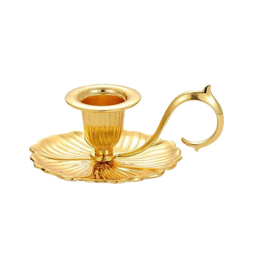 Gold European Vintage Handheld Chamberstick with Finger Loop - Minimalist Metal Candlestick Tray for Weddings, Festivals & Tables Decor