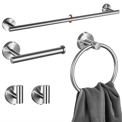 5PCS Matt Silver Stainless Steel Bathroom Organizer Set - Wall-Mounted Rotatable Towel Bar, Toilet Paper Holder, Towel Ring & Versatile T-shaped Hooks