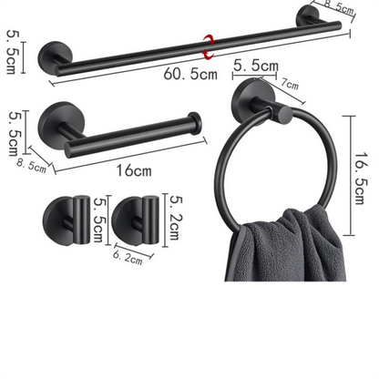 5PCS Matt Silver Stainless Steel Bathroom Organizer Set - Wall-Mounted Rotatable Towel Bar, Toilet Paper Holder, Towel Ring & Versatile T-shaped Hooks