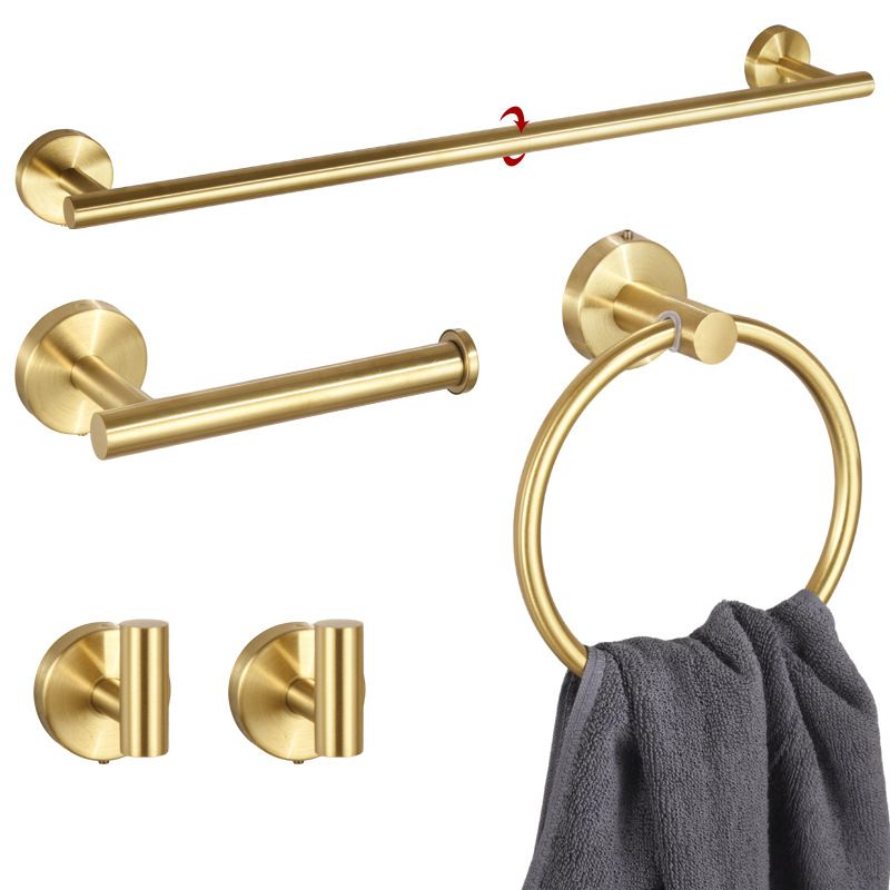 5PCS Matt Gold Stainless Steel Bathroom Organizer Set - Wall-Mounted Rotatable Towel Bar, Toilet Paper Holder, Towel Ring & Versatile T-shaped Hooks
