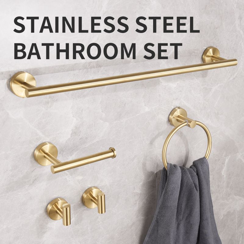 5PCS Matt Gold Stainless Steel Bathroom Organizer Set - Wall-Mounted Rotatable Towel Bar, Toilet Paper Holder, Towel Ring & Versatile T-shaped Hooks