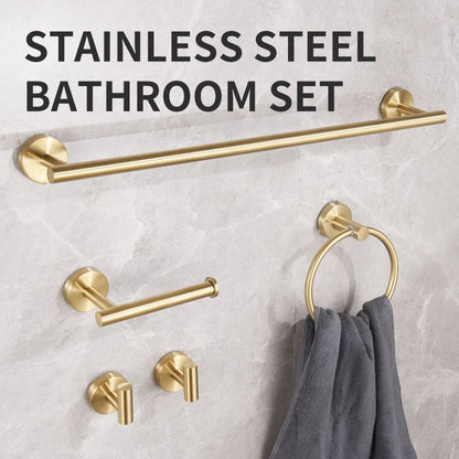 5PCS Matt Gold Stainless Steel Bathroom Organizer Set - Wall-Mounted Rotatable Towel Bar, Toilet Paper Holder, Towel Ring & Versatile T-shaped Hooks