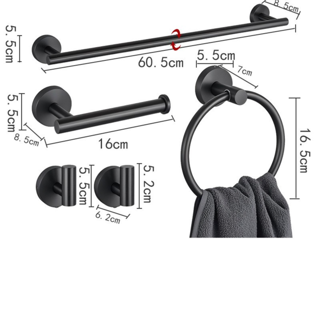 5PCS Matt Gold Stainless Steel Bathroom Organizer Set - Wall-Mounted Rotatable Towel Bar, Toilet Paper Holder, Towel Ring & Versatile T-shaped Hooks