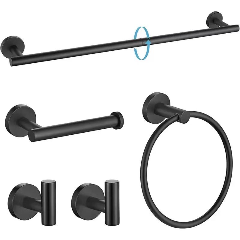 5PCS Matt Black Stainless Steel Bathroom Organizer Set - Wall-Mounted Rotatable Towel Bar, Toilet Paper Holder, Towel Ring & Versatile T-shaped Hooks