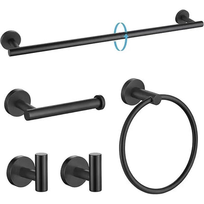 5PCS Matt Black Stainless Steel Bathroom Organizer Set - Wall-Mounted Rotatable Towel Bar, Toilet Paper Holder, Towel Ring & Versatile T-shaped Hooks