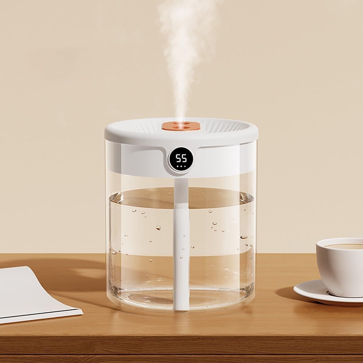 White 2L Dual-Spray Ultrasonic Humidifier and Air Diffuser with Night Light - USB Powered, Quiet Operation, Smart Digital Display & Real-Time Humidity Sensor