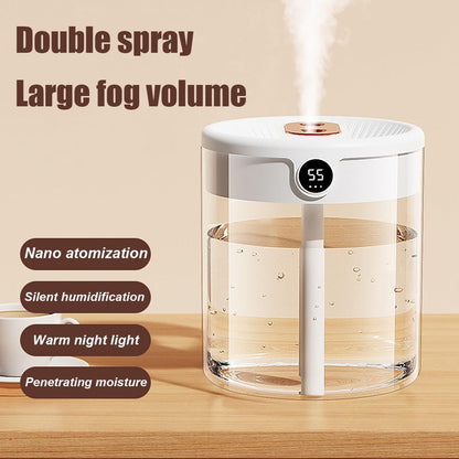 White 2L Dual-Spray Ultrasonic Humidifier and Air Diffuser with Night Light - USB Powered, Quiet Operation, Smart Digital Display & Real-Time Humidity Sensor
