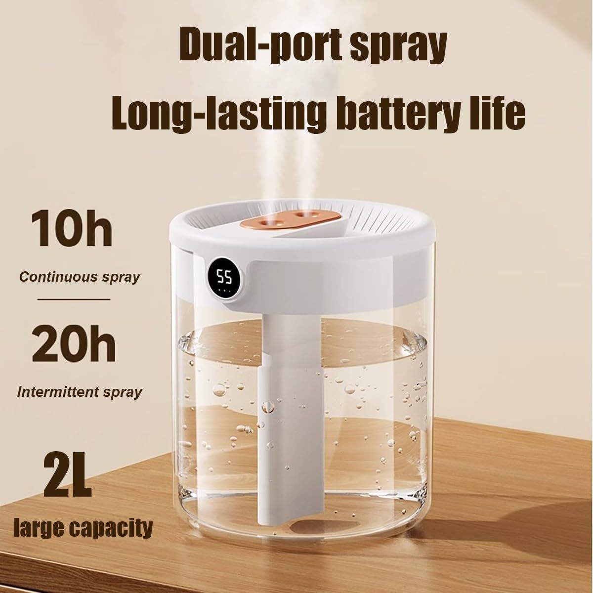 White 2L Dual-Spray Ultrasonic Humidifier and Air Diffuser with Night Light - USB Powered, Quiet Operation, Smart Digital Display & Real-Time Humidity Sensor