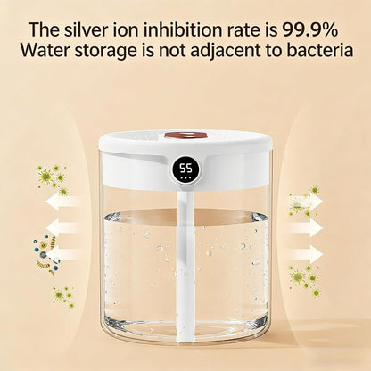 White 2L Dual-Spray Ultrasonic Humidifier and Air Diffuser with Night Light - USB Powered, Quiet Operation, Smart Digital Display & Real-Time Humidity Sensor