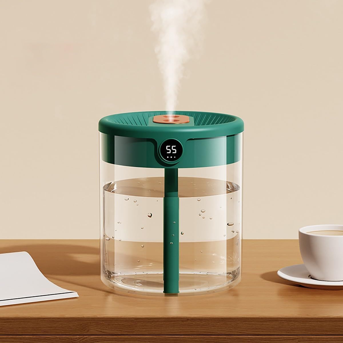 Green 2L Dual-Spray Ultrasonic Humidifier and Air Diffuser with Night Light - USB Powered, Quiet Operation, Smart Digital Display & Real-Time Humidity Sensor