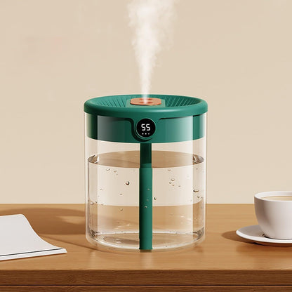 Green 2L Dual-Spray Ultrasonic Humidifier and Air Diffuser with Night Light - USB Powered, Quiet Operation, Smart Digital Display & Real-Time Humidity Sensor