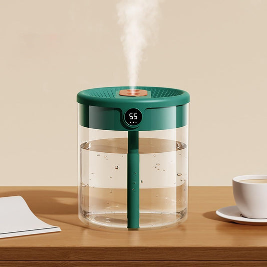 Green 2L Dual-Spray Ultrasonic Humidifier and Air Diffuser with Night Light - USB Powered, Quiet Operation, Smart Digital Display & Real-Time Humidity Sensor
