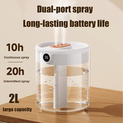 Green 2L Dual-Spray Ultrasonic Humidifier and Air Diffuser with Night Light - USB Powered, Quiet Operation, Smart Digital Display & Real-Time Humidity Sensor