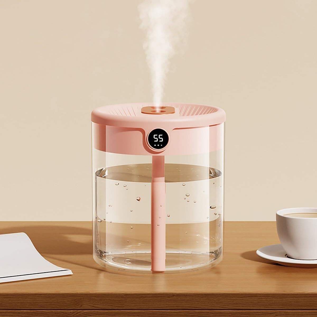 Pink 2L Dual-Spray Ultrasonic Humidifier and Air Diffuser with Night Light - USB Powered, Quiet Operation, Smart Digital Display & Real-Time Humidity Sensor